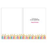 The Vibes Birthday Card by Andrea Williams features colorful candles along the bottom, vibrant inside accents, and reads: Celebrating you on your special day. Happy Birthday! The left page is blank for your message.