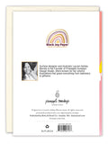 The back of the Wonderful Birthday Card by Lauren-Ashley Barnes features her logo, a colorful photo and bio, the Pineapple Sundays Design Studio logo, illustrated design credits, and contact information at the bottom.