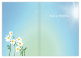 The Wonderful Birthday Card by Lauren-Ashley Barnes features a colorful illustration of white daisies with yellow centers on a blue-green gradient, sunlight in the top right, and Keep on blooming. written in white.