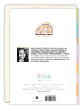 The back of a Colorful Confetti Birthday Card by Natalie Henry Charles features her photo and bio, colorful right accents, brand contact info at the bottom, and is printed on recycled paper to spread love and joy.