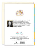 The back cover of the Retro Thank You Card by Natalie Henry Charles displays a Black Joy Paper seal, Natalie’s photo and bio, plus company details on a white background with colorful flower accents along the right edge.