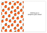 The Lifting Me Up Thank You card by Tiffany Grimes features an orange fruit pattern on the left and Wishing you a delightful year ahead on the right, set against a white background and printed on recycled paper.