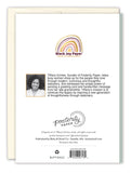 The back cover of the Thanks A Bunch Thank You Card by Tiffany Grimes features her photo, mission statement, Black Joy Paper and Posterity Paper logos, publication details, and a white background that celebrates kindness.