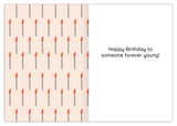 The 30-ish Birthday Card by Tiffany Grimes features rows of lit candles on the left and Happy Birthday to someone forever young! on the right, all set against a white background with colorful accents.