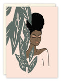The Serene Birthday Card by Amy Slaughter features a minimalist woman with flowing hair and closed eyes by green leaves on a beige background, radiating calm. Perfect for friendship greetings or birthdays, and printed on recycled paper.