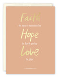 The Faith Hope Love Support Card by Amy Slaughter features a beige cover with Faith to move mountains, Hope to keep going, Love to give, 1 Corinthians 13:13 in white and yellow script, and comes with a partially visible envelope.