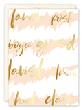 The Fancy Posh Birthday Card by Amy Slaughter showcases gold and peach script—fancy, posh, boujee, grand, lavish, luxury, high class—on white recycled paper with peach brushstroke stripes. Envelope included.