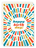 Celebrate with the Birthday Burst Card by Andrea Williams, featuring happy birthday! in a colorful retro font, framed by festive rings of red, teal, blue, and gold rectangles. Printed in the USA on premium recycled paper.