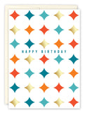 The Wish For Birthday Card by Andrea Williams features orange, teal, and gold diamonds on white with HAPPY BIRTHDAY in blue. Printed on premium post-consumer recycled paper with colorful inside touches.