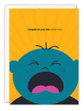 The Alarm Clock New Baby Card by Andrea Williams is a recycled-paper greeting card with a cartoon baby crying on a yellow background. It reads congrats on your new alarm clock—ideal for parents who love naps!.