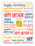 The Happy Birthdays Card by Andrea Williams features happy birthday in assorted fonts, sizes, and colors with a central gold present icon, small gold star accents, and is printed on recycled paper with a white background.