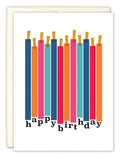 The Candles Birthday Card by Andrea Williams features colorful candle-like rectangles topped with gold flames and a spaced happy birthday message, partly hidden by the design. Printed on recycled paper, its perfect for sending warm birthday wishes.