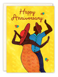 The Dancers Anniversary Card by Cherrymae Golston showcases an illustrated couple dancing against a vibrant yellow backdrop. The woman stands out in a striking red hat and dress, while her partner complements her in a blue shirt and matching red hat. "Happy Anniversary" elegantly adorns the top, surrounded by heart motifs, all produced on premium recycled paper.