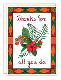 The Bouquet Thank You Card by Cherrymae Golston is crafted from recycled paper and displays the message "Thanks for all you do" within a vibrant border. At its heart, an illustration of red and yellow flowers with green leaves beautifully captures the spirit of generosity. The border is embellished with geometric shapes, adding to its charm.