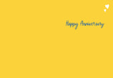 The Bananas Anniversary Card by Lauren-Ashley Barnes has a yellow background, two white hearts in the top right, and “Happy Anniversary” in blue cursive, plus colorful accents—cheerful and perfect for recycled paper.
