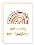 The Lauren-Ashley Barnes No Storm, No Rainbow Encouragement Card features a stylized gold, pink, and burgundy rainbow on a white background with “no storm, no rainbow” in gold script underneath.