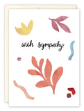 The Here For You Sympathy Card by Lauren-Ashley Barnes features watercolor leaves and abstract shapes in yellow, red, and blue on white, with with sympathy in black script at the center.