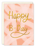 The Lauren-Ashley Barnes Happy B-Day Birthday Card features a peach and white abstract background with gold foil Happy B-Day text, includes an envelope, and is printed on high-quality recycled paper for an eco-friendly touch.