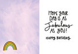 Pastel pink recycled paper features a small rainbow at the bottom left. On the right, black handwritten text reads: Hope your day is as fabulous as you! Happy Birthday. Enjoy the colorful touches! Yasss Birthday Card by Natalie Henry Charles.