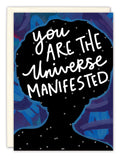 The Universe Birthday Card by Natalie Henry Charles features a silhouetted figure with stars on a dark blue abstract background and the message “You are the universe manifested.” Printed on high-quality recycled paper with colorful accents inside.