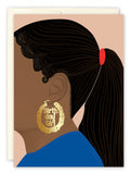 Illustration of a dark-skinned woman with long black hair in a ponytail, gold bamboo earrings reading Birthday Girl, and blue top. Set on beige. Perfect birthday card: Bamboo Earring Birthday Card by Tiffany Grimes.