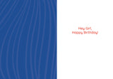 Bamboo Earring Birthday Card by Tiffany Grimes features a blue left side with wavy lines and a white right side displaying “Hey Girl, Happy Birthday!” in red—all thoughtfully crafted on recycled paper.