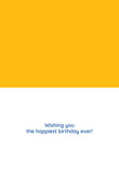 The To Ya Birthday Card by Tiffany Grimes features a yellow and white design on recycled paper, with blue text in the center: Wishing you the happiest birthday ever!.