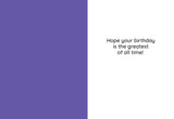 The G.O.A.T. Birthday Card by Tiffany Grimes is an eco-friendly card made from recycled paper, with a purple left side and white right side reading Hope your birthday is the greatest of all time! in black text.