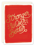 The Strong Wiser Blank Card by Tiffany Grimes has a bold red background, gold handwritten lettering, colorful inside details, and includes a white envelope.