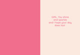 The Poppin Birthday Card by Tiffany Grimes features a two-tone pink and beige design with pink text: GIRL, You shine and sparkle and I hope your day does too! Printed on recycled paper, its the perfect greeting card.