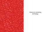 The You Can Birthday Card by Tiffany Grimes features a vibrant red patterned left side and a white right side with the message Have an amazing birthday! in black text.