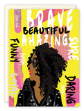 A bold Graphic Birthday Card featuring an illustrated Black woman in sunglasses and a studded jacket, set against a vibrant yellow background with affirmations. Art by Tiffany McGraw, printed on recycled paper.