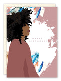 The Birthday Splash Card by Tiffany McGraw features a woman with curly hair in a mauve top against pink and white watercolor brushstrokes, with HAPPY BIRTHDAY! celebrating love and joy.