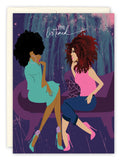 The You Listened Friendship Card by Tiffany McGraw features two women with curly hair sitting on a purple sofa, sharing their story. “You listened” appears above them, celebrating the power of feeling truly heard and validated.