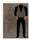 Rare Masculine Birthday Card by Tiffany McGraw features a stylish man in a black shirt, grey vest, and black pants with hands in pockets, printed on high-quality recycled paper with “rare” on a textured brown background.
