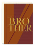 The Stick Closer Birthday Card by Tiffany McGraw features bold gold foil BROTHER text with YOU STICK CLOSER THAN A above it, set on a red and brown striped background. An off-white recycled envelope is partially visible behind the card.