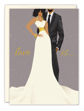 The Love Is Wedding Card by Tiffany McGraw features an illustrated bride in white with a groom in black, standing together with love is... scripted in yellow on a grey background—an ideal congratulations card.