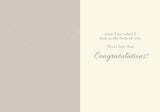 The Love Is Wedding Card by Tiffany McGraw features a plain beige left side and, on the right, the text: what I see when I look at the both of you. Never lose that. Congratulations! Printed on cream recycled paper in mixed fonts.