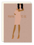 Mama To Be Baby Shower Card by Tiffany McGraw: Features a pregnant woman in a pink dress and heels, holding her belly with “Mama To Be” beside her on a speckled beige background, inspired by Tiffany McGraws colorful illustration style.