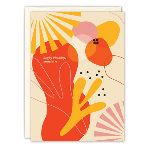 The Happy Birthday Sunshine Card by Andrea Williams features abstract sunbursts, a balloon, and “happy birthday, sunshine” on cream recycled paper—perfect for sending warm wishes.