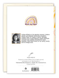 Back of the Happy Birthday Sunshine Card by Andrea Williams with logo, her photo and bio, publisher details, barcode, recycled paper info, plus part of the front design and warm wishes along the right edge.