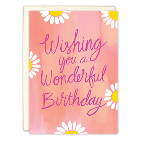 The Wonderful Birthday Card by Lauren-Ashley Barnes features a pink and orange watercolor design with blooming white daisies and “Wishing you a Wonderful Birthday” in purple cursive, paired with an envelope.