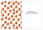 The Lifting Me Up Thank You card by Tiffany Grimes features an orange fruit pattern on the left and Wishing you a delightful year ahead on the right, set against a white background and printed on recycled paper.
