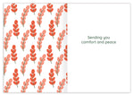 The Flower Field Sympathy Card by Tiffany Grimes features red and pink leafy branches on the left and Sending you comfort and peace in green text on a white background.