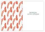 The Flower Field Sympathy Card by Tiffany Grimes features red and pink leafy branches on the left and Sending you comfort and peace in green text on a white background.